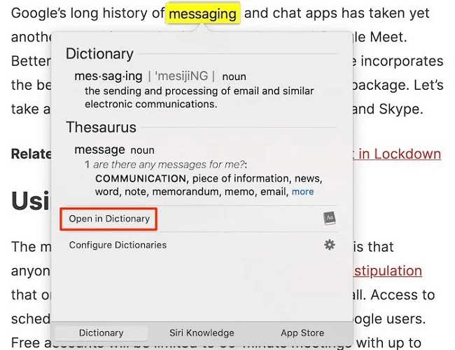 Select the option to view the item in the standard Dictionary application. Open in Dictionary