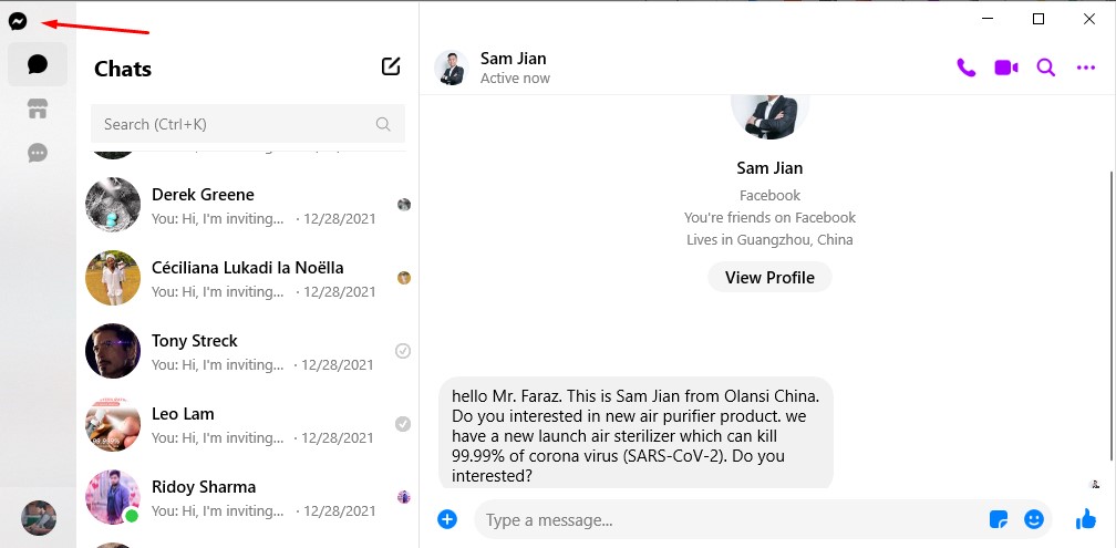 Run the “Messenger” app on your computer and tap on the Messenger icon in the top-left corner