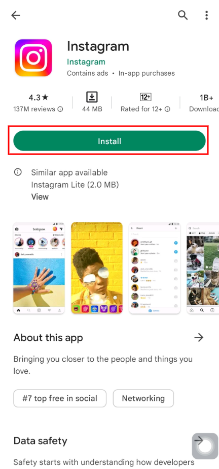 Select Instagram from the showing search results