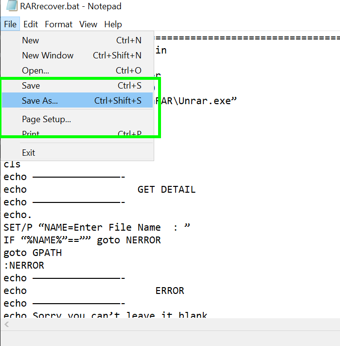 save the text file as RARrecover.bat